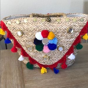 Boho beach tassel Pom Pom straw tote